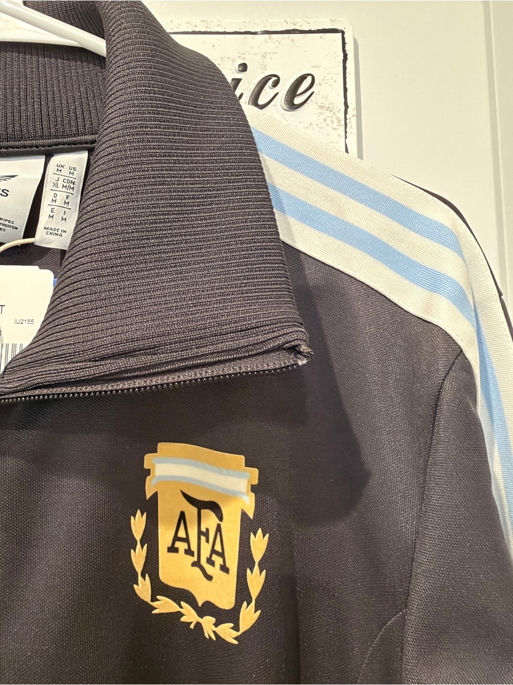 Adidas Argentina Men's Track Sweater - Charcoal with Light Blue Stripes, Med.